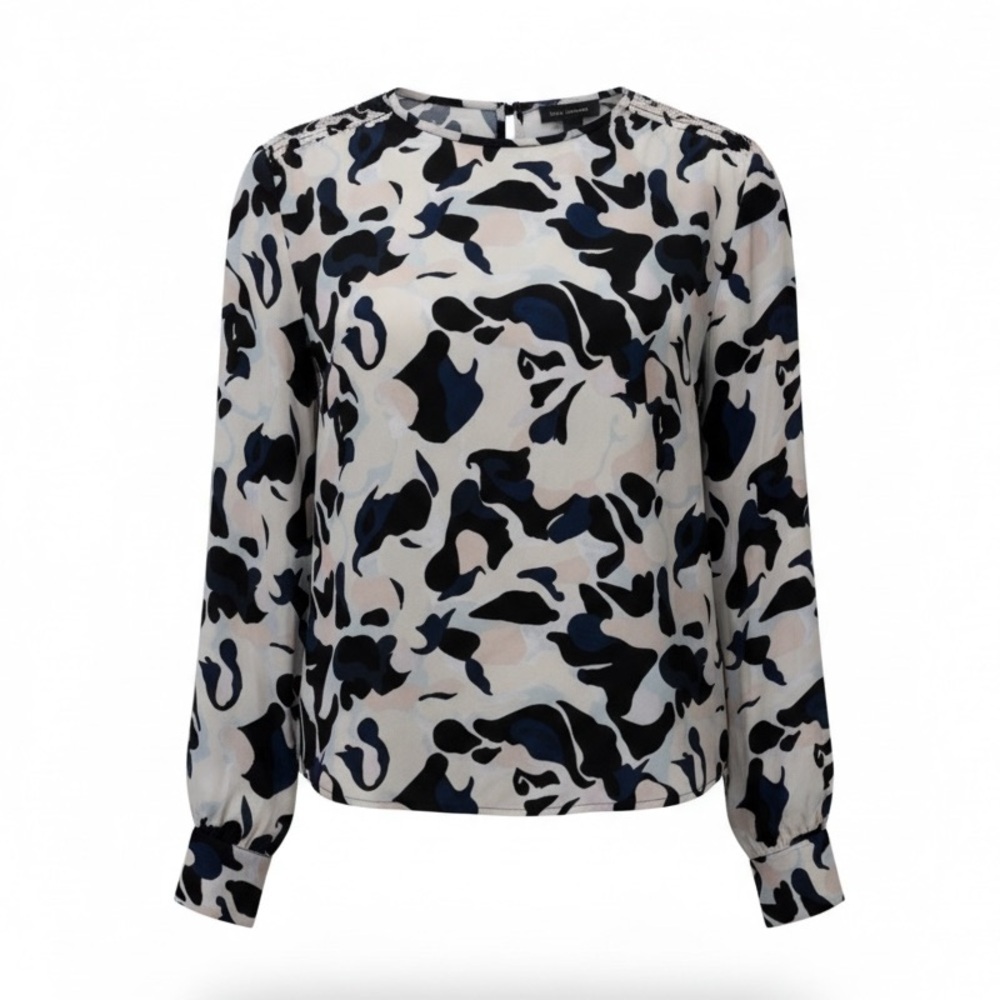 Club Monaco black/blue mix smocked shoulder top, XS